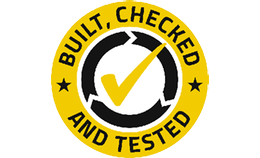 A circular icon with a yellow border and black center, featuring a yellow checkmark in the middle and the text 'BUILT, CHECKED AND TESTED' written around the edge in bold yellow and black font, with two small black stars on either side.