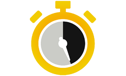 A stopwatch icon with a yellow outline, featuring a grey and black segmented face, symbolizing speed and efficiency, likely representing quick delivery or performance.
