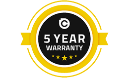 A circular badge icon with a yellow ribbon on either side, a black center displaying the text '5 YEAR WARRANTY' in white, a Chillblast logo at the top, and three yellow stars at the bottom, emphasizing a premium warranty offering.