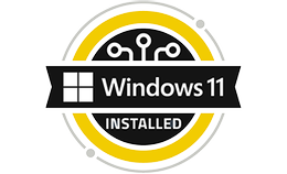 A circular icon with a yellow and black border featuring circuit-like patterns, displaying a black banner in the centre with the Windows logo and text 'Windows 11 INSTALLED' in white, highlighting pre-installed software.