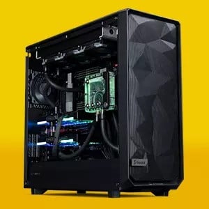 Chillblast customizable gaming PC with a sleek black chassis featuring a geometric front panel design, visible internal liquid cooling components, and RGB lighting, set against a vibrant yellow background.