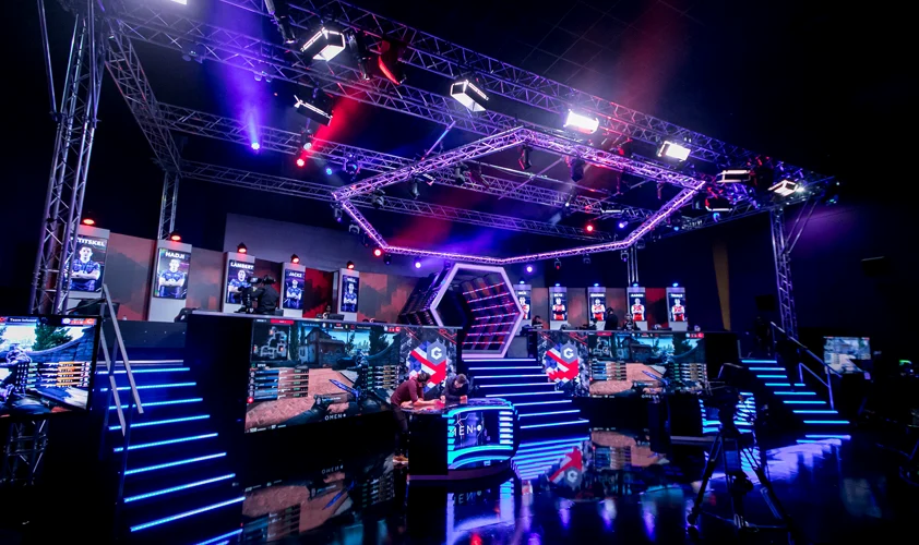 Esports arena with blue red and purple lighting