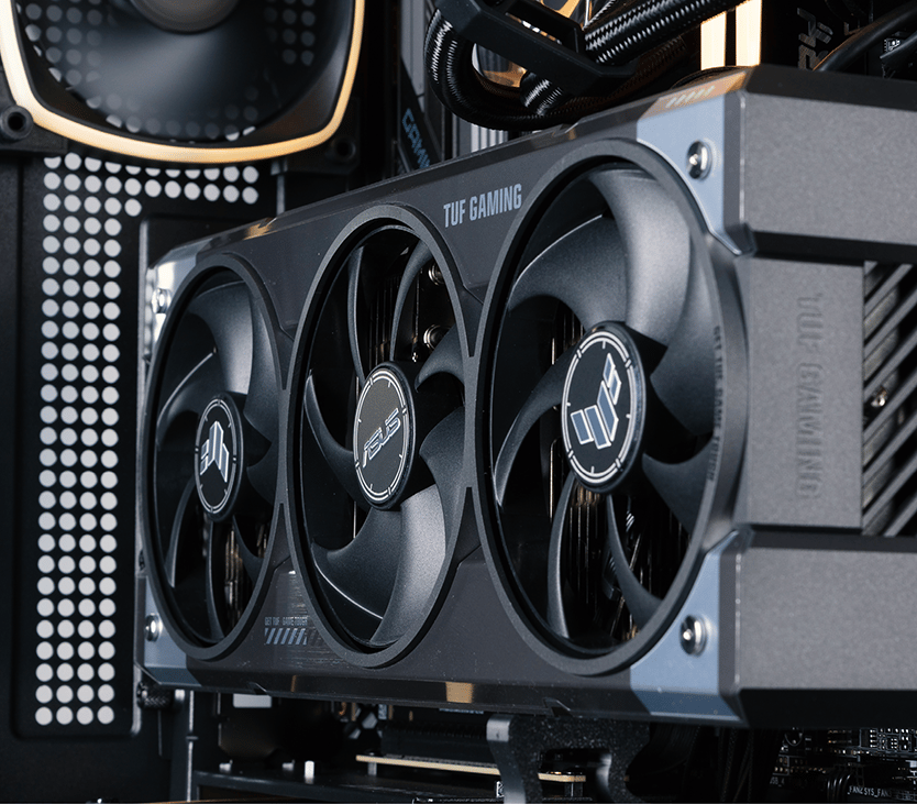 A view of the RTX 5090 graphics card fitted in a vertical configuration inside the Forge 5090 gaming PC