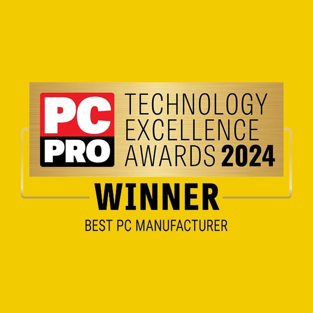PC Pro Technology Excellence Awards 2024 badge on a yellow background, showcasing 'Winner' in bold black text beneath the title, with the subtitle 'Best PC Manufacturer,' highlighting the achievement of excellence.