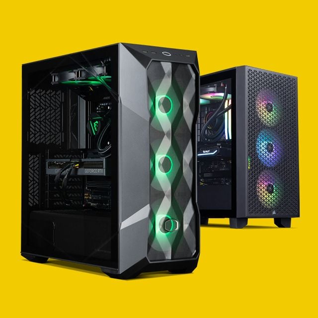Side-by-side display of the Chillblast Apex PC and the Core i5 PC, both featuring sleek black designs with transparent side panels. The Apex PC highlights green-lit cooling fans on the front panel, while the Core i5 PC showcases vibrant RGB fans in a perforated front panel, set against a bright yellow background.