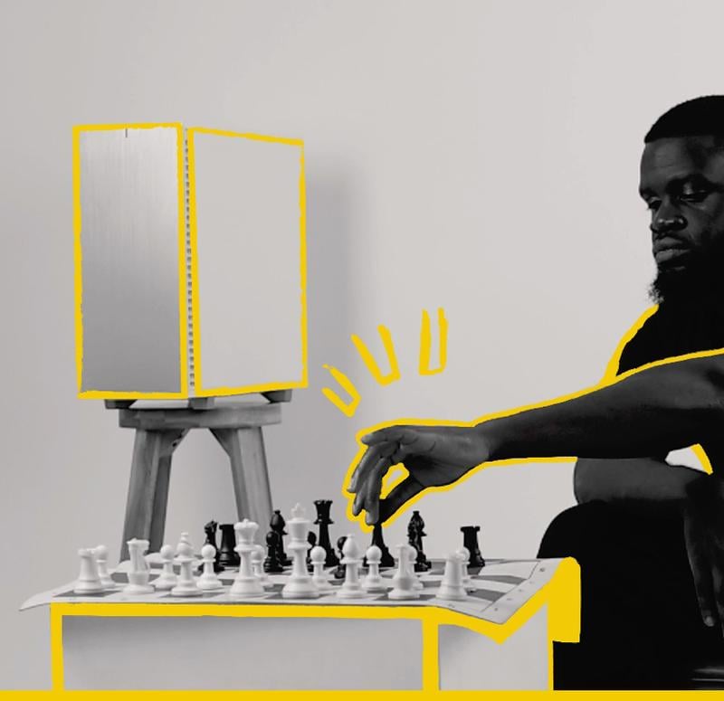 Chillblast Spark Video Ultra Workstation computer displayed on a wooden stand, with a creative chess setup in the foreground, featuring a person making a move, accented by dynamic yellow highlights emphasizing the workstation's role in creative and strategic pursuits.
