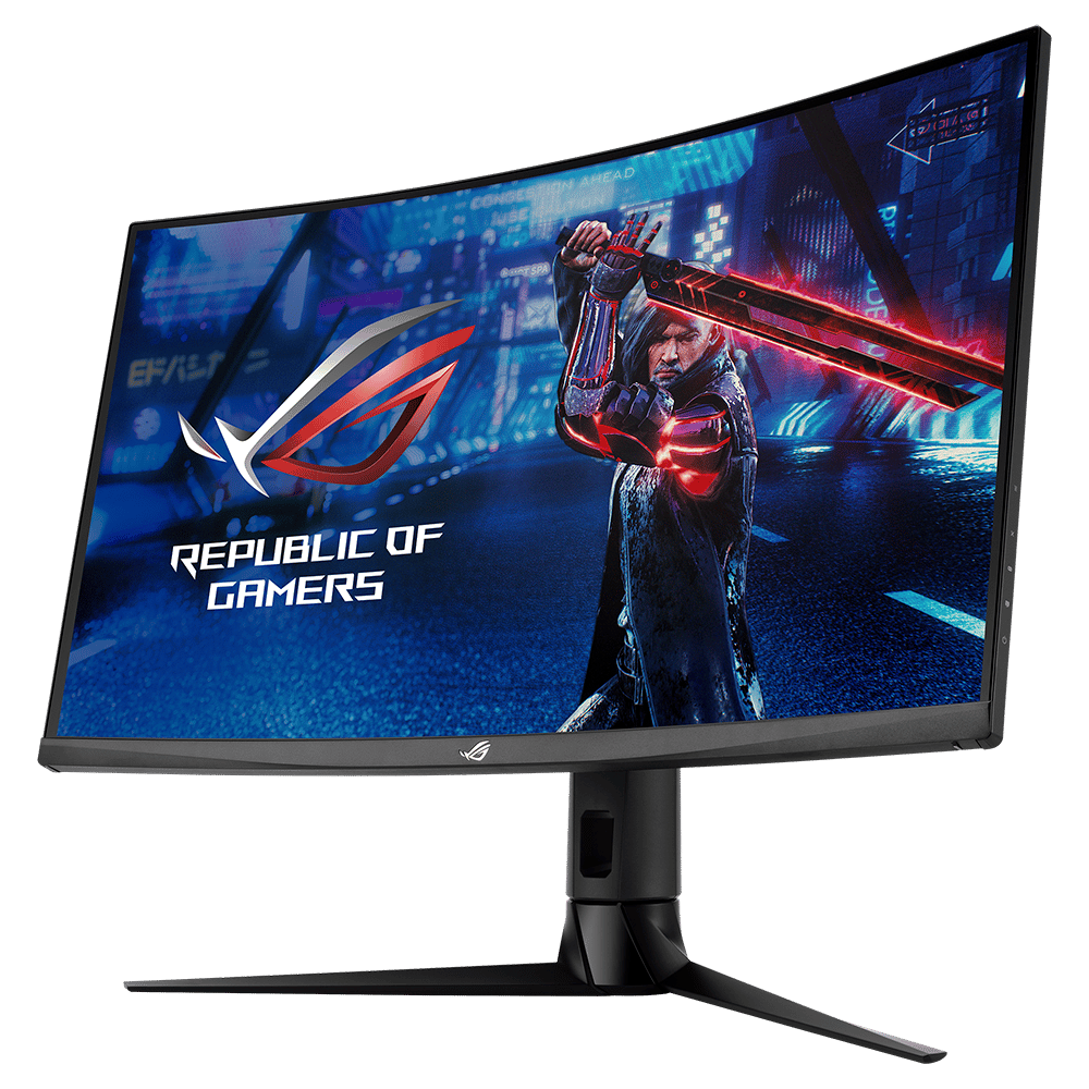 A view of a PC monitor from the front right, lower down so you can see the curve of the monitor