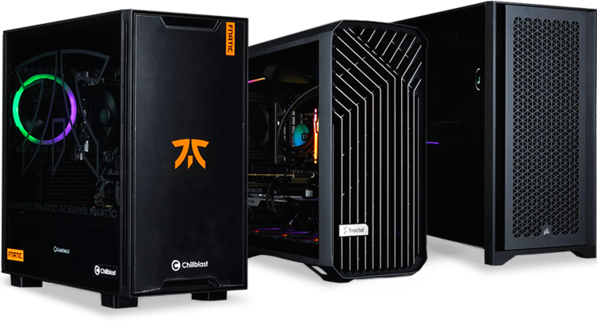 Three refurbished Chillblast gaming PCs with sleek black designs. The first has a Fnatic logo and RGB lighting, the second features a Fractal grill design, and the third has a Corsair mesh front for airflow.